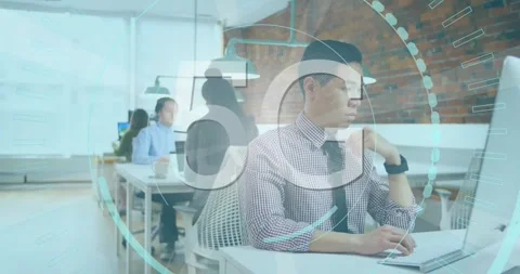 Animation of 5g text in loading circles, asian man looking at watch while Stock Footage 327846678