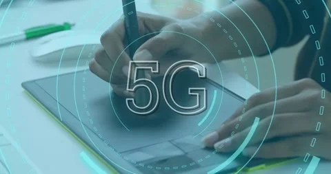 Animation of 5g text in loading circles over midsection of caucasian man drawing Stock Footage 330587570