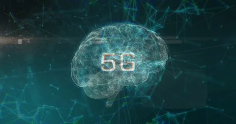 Animation of 5g text over brain and shapes moving Stock Footage 328010786