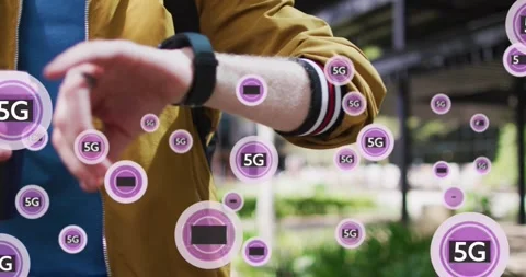 Animation of 5g text over midsection of caucasian man drinking coffee and while 库存影片 253478966