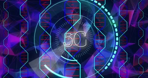 Animation of 5g text over neon round scanner against blue plexus networks on Vidéo 326032618