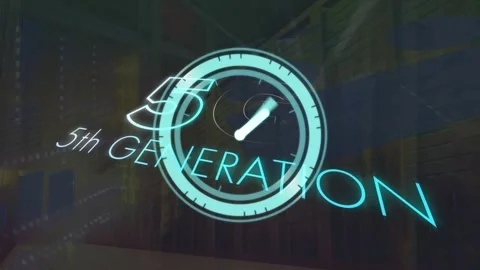 Animation of 5g text over neon ticking clock against computer server room Stock Footage 328412731