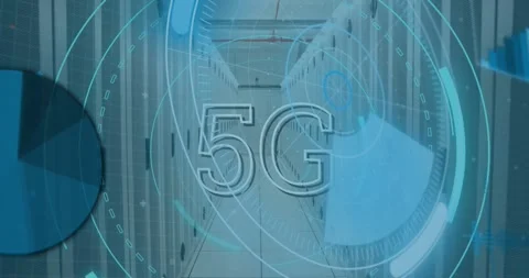 Animation of 5g text over round scanner and data processing against computer Stock Footage 326879559