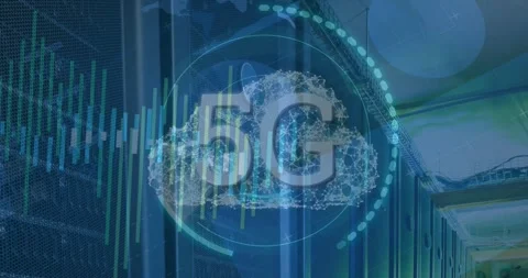 Animation of 5g text over round scanner and cloud icon against computer server Stock Footage 328507245