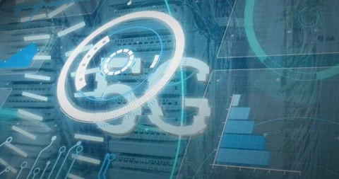 Animation of 5g text, radar, circles, bar graph and programming language over 库存影片 329511171