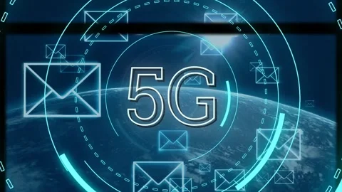 Animation of 5g text, scopes scanning and mail icons over planet earth Stock Footage 162926104