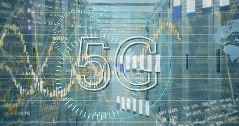 Animation of 5g text, statistics and data processing over computer servers Stock Footage 328256752