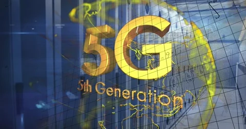 Animation of 5g text, yellow globe and maths calculations over computer server Stock Footage 330255463