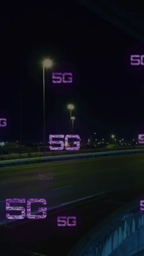 Animation of 5g texts over time-lapse of moving vehicles on street in background Stock Footage 344594991