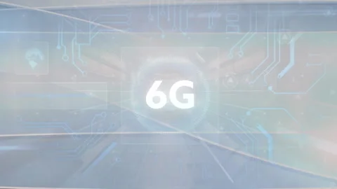 Animation of 6g data processing with hud elements on digital interface Stock Footage 316218056