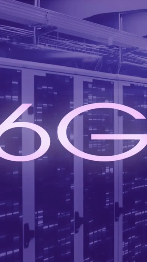 Animation of 6g over violet server room Stock Footage 343954908