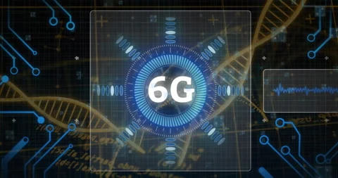 Animation of 6G technology concept with digital interface over DNA strand Stock Footage 304095649