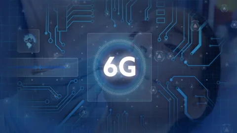 Animation of 6G technology with digital circuit patterns in futuristic interface Stock Footage 304075287