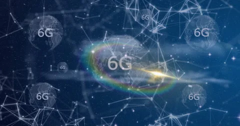 Animation of 6G technology with digital connections and glowing earth in space Stock Footage 305864088