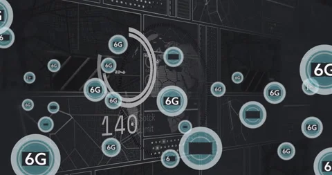 Animation of 6G technology symbols floating over abstract digital data patterns Stock Footage 304203589