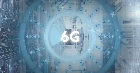Animation of 6g text and arrow in loading circles over circuit board pattern on Stock Footage 247907577