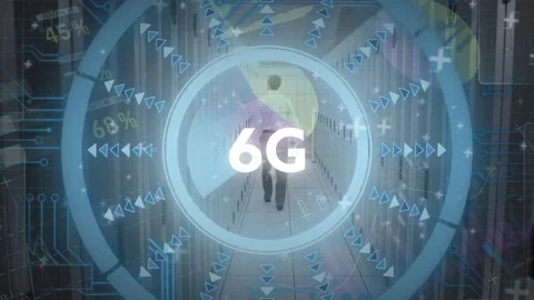 Animation of 6g text and data processing over man walking in computer server Stock Footage 329560114
