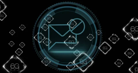 Animation of 6g text and digital data processing over email icon and scope Video stock 307737512