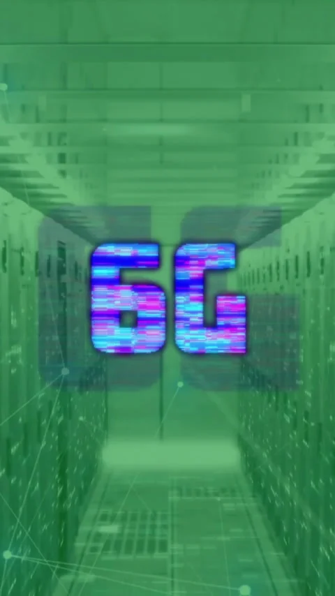 Animation of 6g text and digital data processing over computer servers Stock Footage 320216715