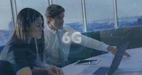 Animation of 6g text and microprocessor connections over businessman and Vídeo Stock 221452224