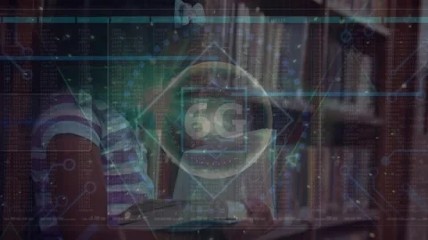 Animation of 6g text and microprocessor connections over african american girl Video stock 328711517