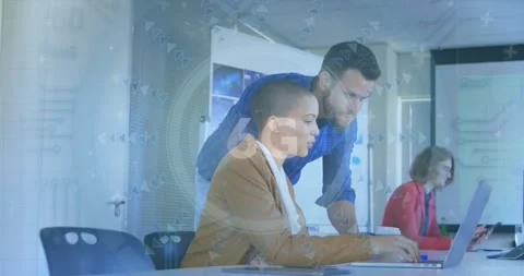 Animation of 6g text and microprocessor connections over male and female Stock Footage 328712059