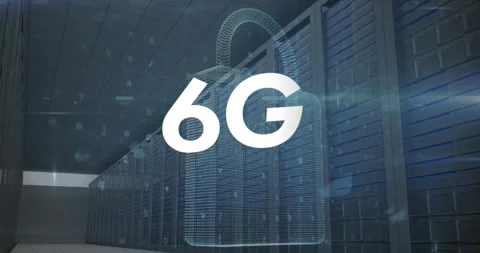 Animation of 6g text banner and security padlock icon against computer server Stock Footage 329565224