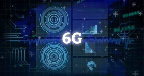 Animation of 6g text banner over data processing and microprocessor connections Vídeo Stock 240173829