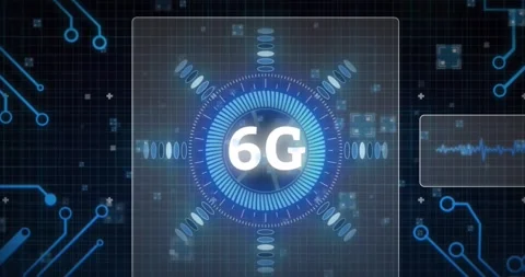 Animation of 6g text banner over spinning round scanner and microprocessor Vídeo Stock 253856720