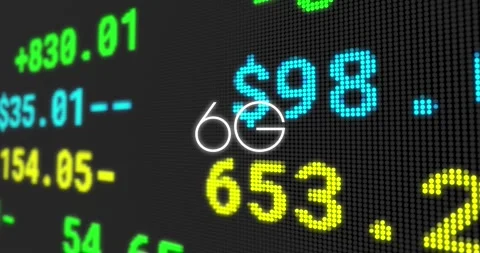 Animation of 6g text banner over stock market data processing against black Video stock 327126058
