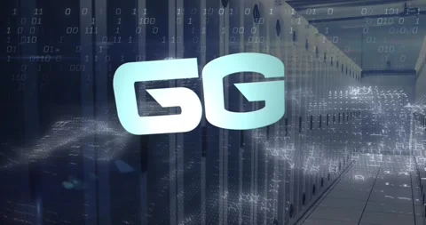 Animation of 6g text, binary codes and dynamic waves over data server room Stock Footage 249679381
