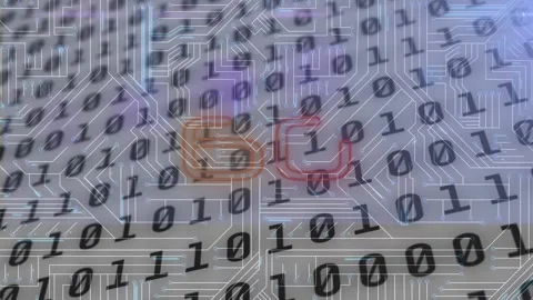 Animation of 6g text, binary coding, data processing over glowing computer Stock Footage 170949246