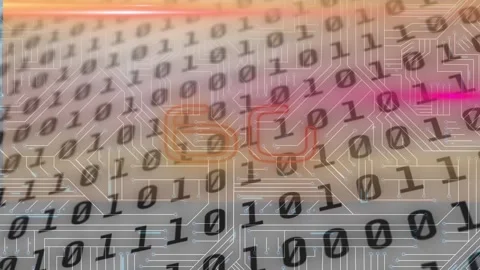 Animation of 6g text, binary coding, data processing over glowing computer Stock Footage 170949433