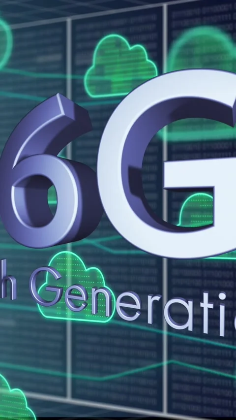 Animation of 6g text, binary data and clouds over grid Video stock 342595129
