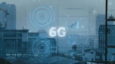 Animation of 6g text, circles, graphs and circuit board pattern over aerial view 스톡 동영상 327711605