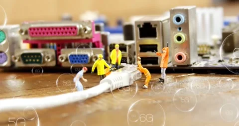 Animation of 6g text, digital data processing and figurines over computer server Stock Footage 327965529