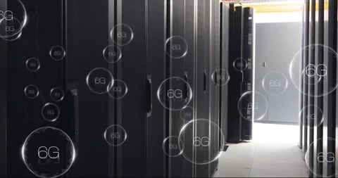 Animation of 6g text, digital data processing over computer servers Stock Footage 328411232