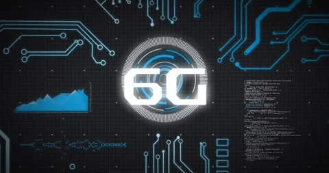 Animation of 6g text, digital data processing over computer circuit board Stock Footage 330179778
