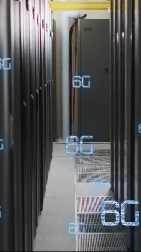 Animation of 6g text, digital data processing over computer servers Stock Footage 344284404