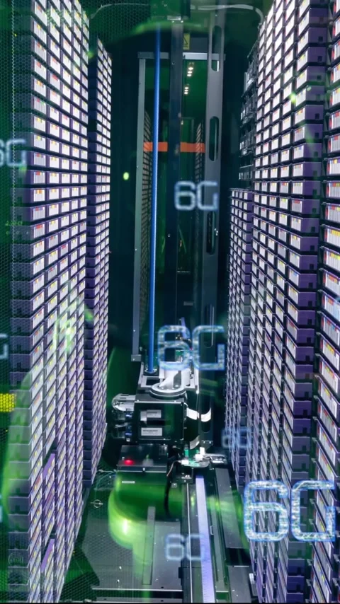 Animation of 6g text, digital data processing over computer servers Stock Footage 344284405