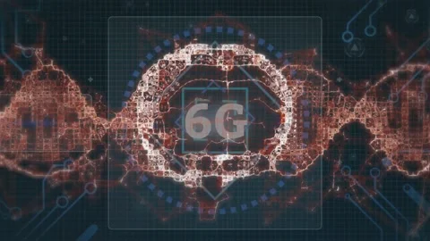 Animation of 6g text in geometric shapes over digital brain, dna helix and Stock Footage 328586611