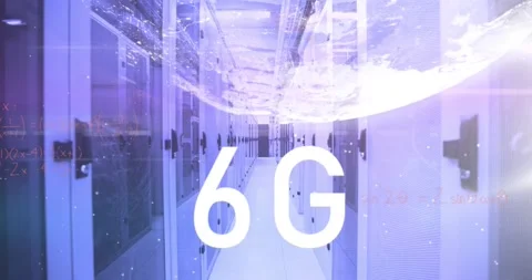 Animation of 6g text, globe and maths calculations over computer server room Stock Footage 203890647