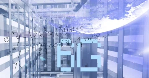 Animation of 6g text, globe and maths calculations over computer server room Stock Footage 203890655
