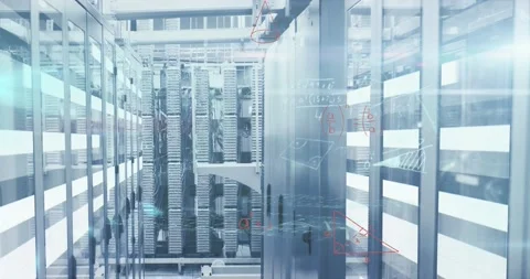 Animation of 6g text, globe and maths calculations over computer server room Stock Footage 203890678