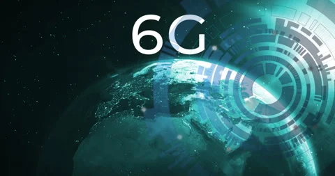 Animation of 6g text, globe and digital data processing over scope scanning Stockbeeldmateriaal 310221021