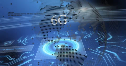 Animation of 6g text, globe and digital data processing over computer circuit 库存影片 310529974