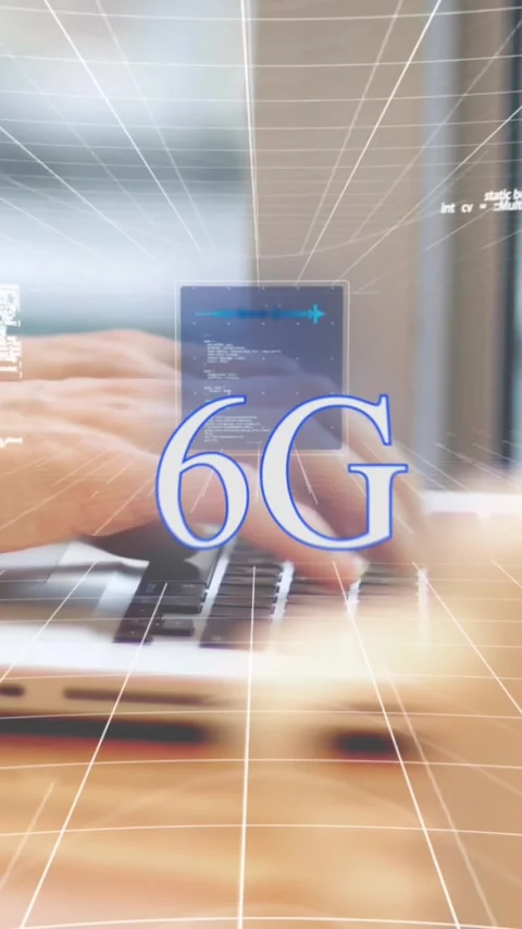 Animation of 6g text, globe and computer language, cropped hands of caucasian Stock Footage 321172083