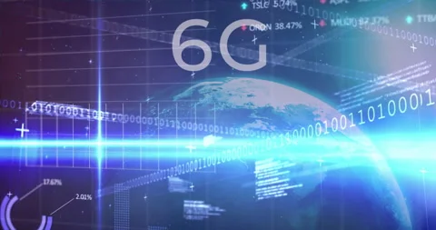Animation of 6g text, globe, binary coding and financial data processing Stock Footage 260889595