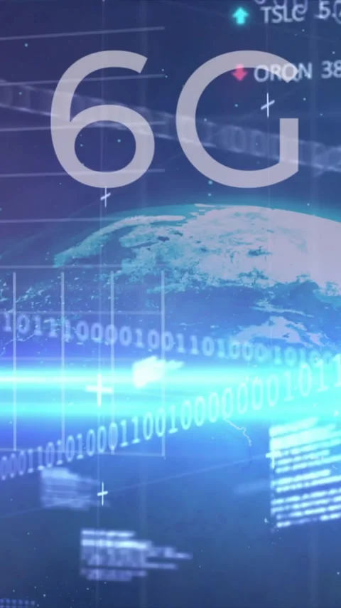 Animation of 6g text, globe, binary coding and financial data processing Stock Footage 323488145