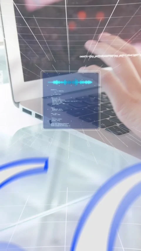 Animation of 6g text, globe, computer language, cropped hands of caucasian woman Stock Footage 321172086